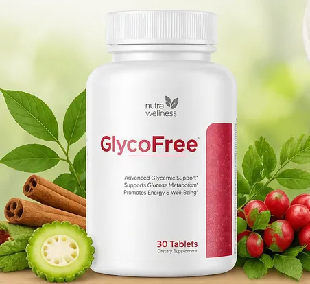 'GlycoFree blood sugar support supplement bottle with cinnamon and bitter melon ingredients'