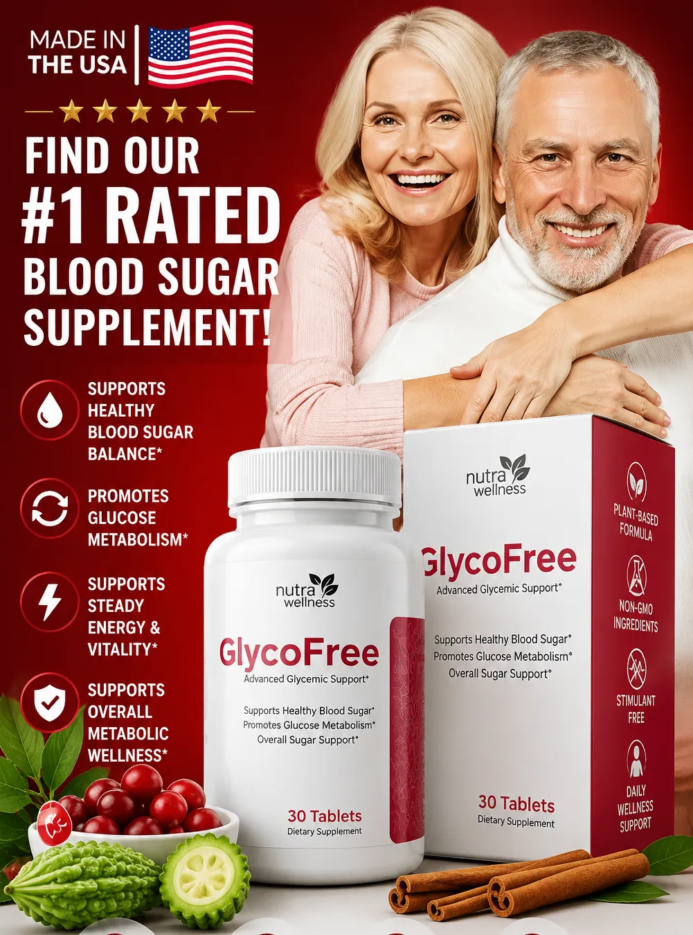 'Happy senior couple with GlycoFree blood sugar supplement bottle and packaging box'