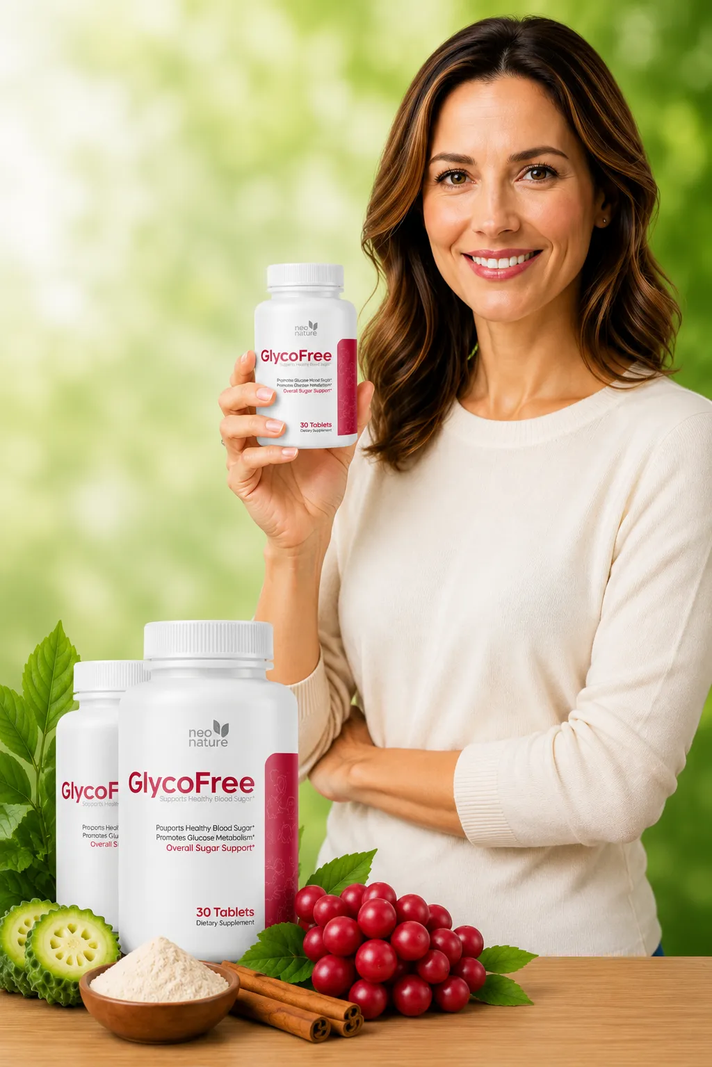 'Smiling woman holding GlycoFree glucose supplement bottle with natural ingredients'