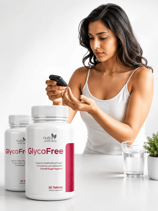 'Woman checking blood sugar levels with glucometer near GlycoFree bottles'