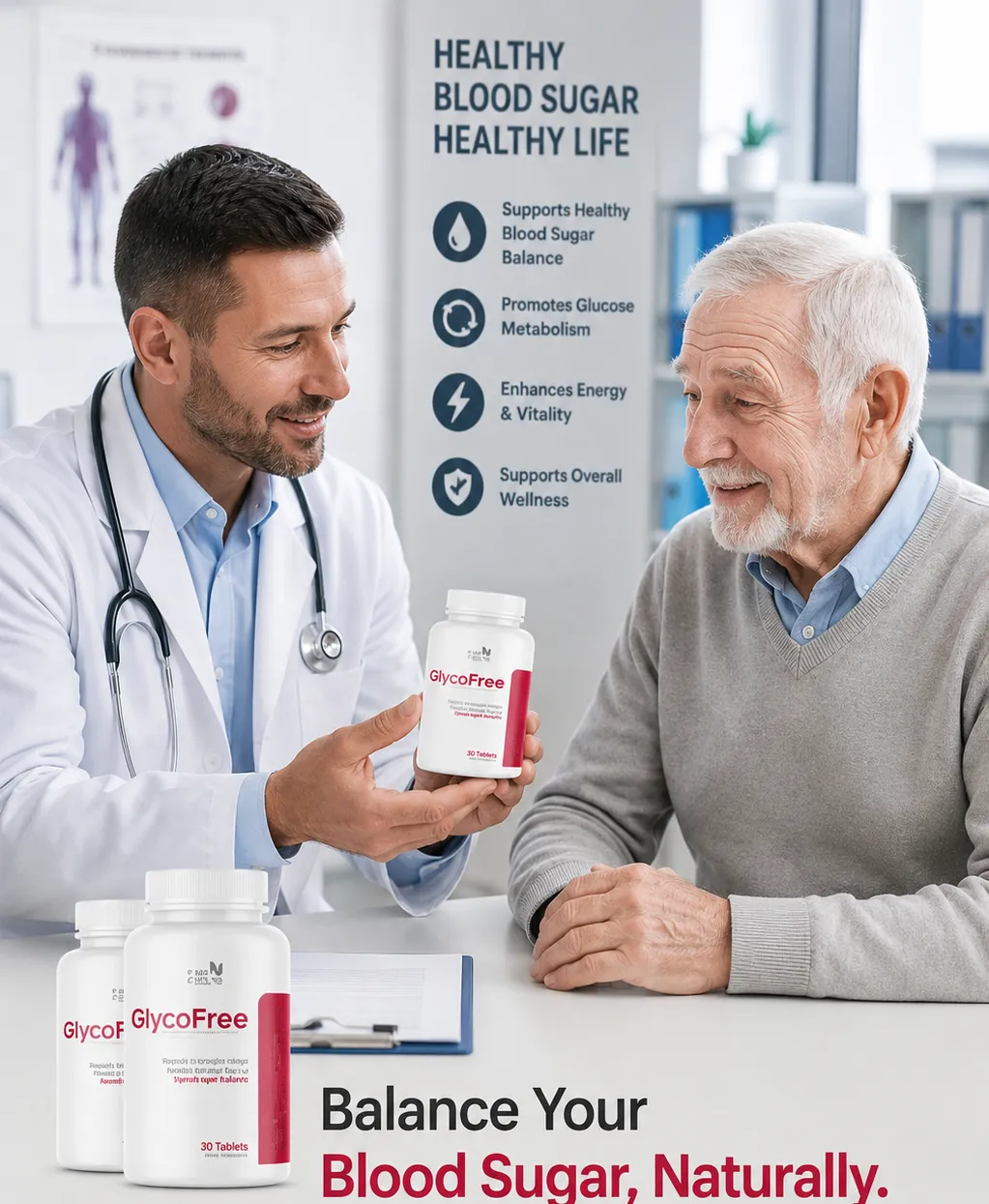 'Doctor showing GlycoFree blood sugar supplement bottle to senior patient'